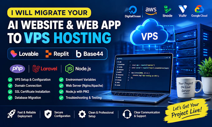 migrate lovable PHP laravel nodej base44 replit and ai web site to vps hosting