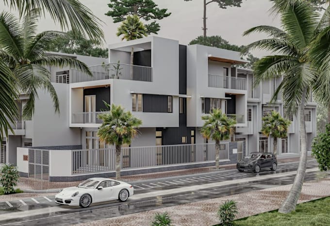2d plan to 3d exterior cgi, modular house, facade 3d render,street layout design