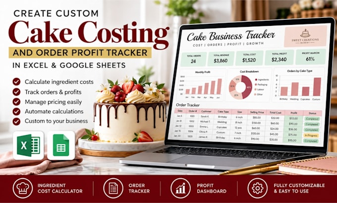 create custom cake costing and order profit tracker in excel and google sheets
