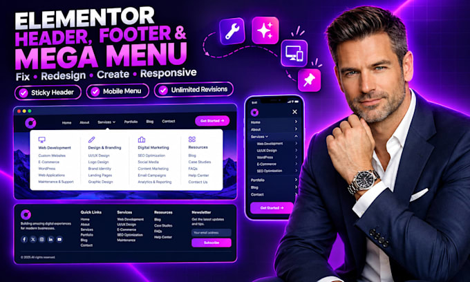fix, create, redesign, revamp elementor header, footer or mega menu