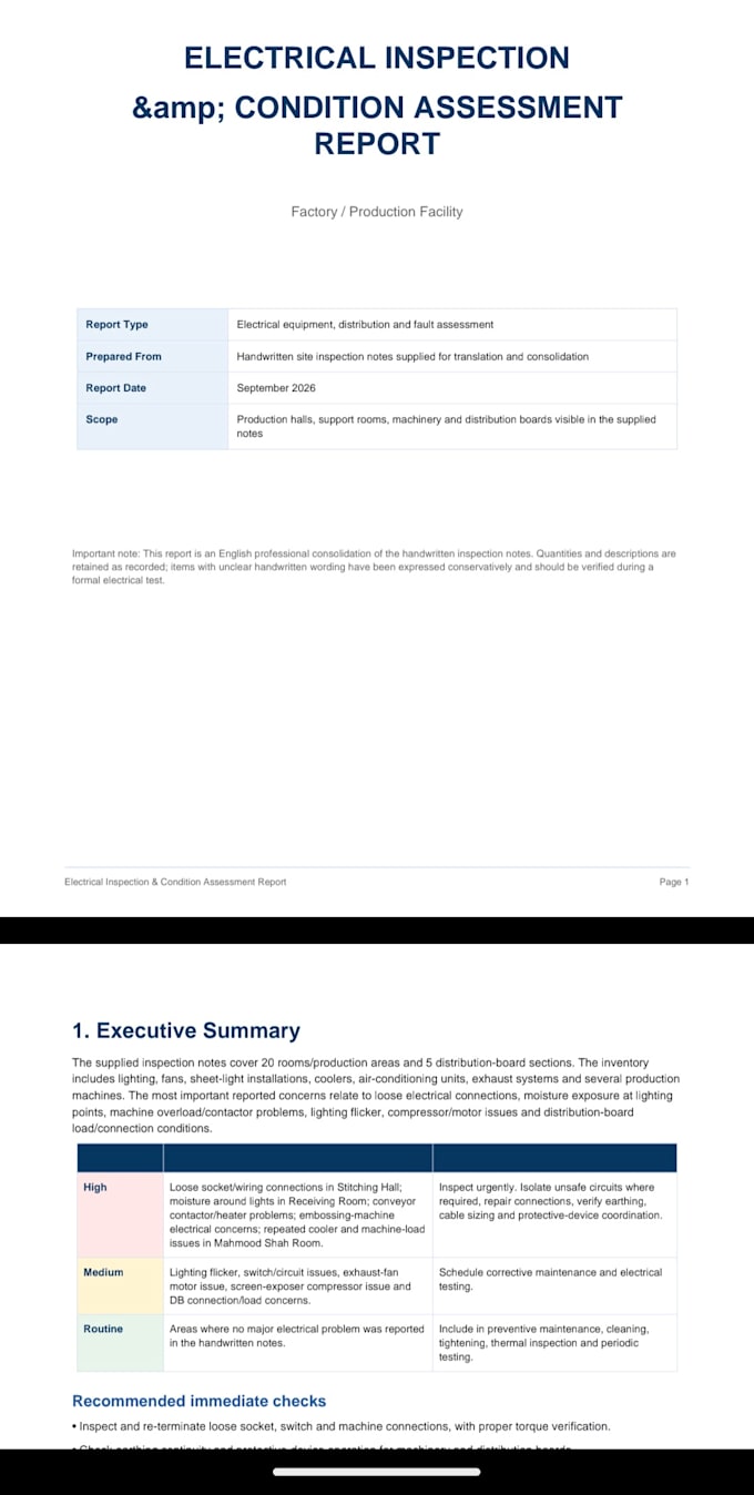 create electrical maintenance reports and checklists