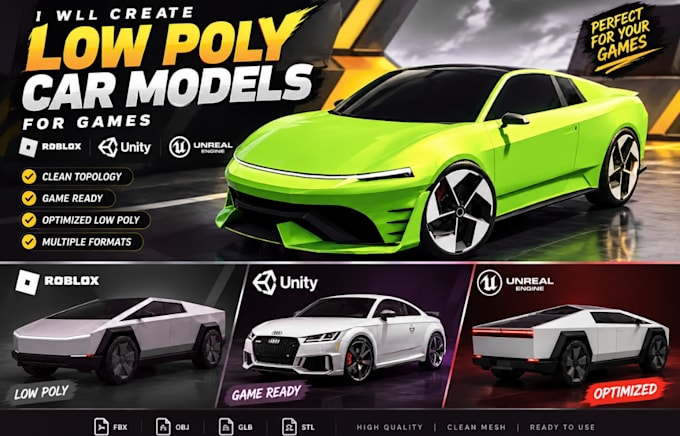 create low poly car models for roblox unity and unreal