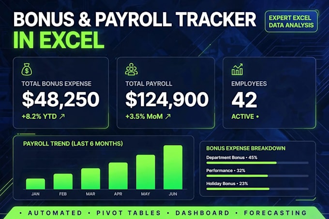 do expert excel data analysis, bonus expense and payroll tracking dashboard