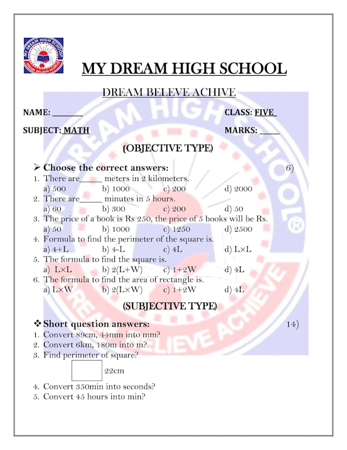 create school exam papers, worksheets and mcqs
