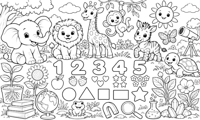 create educational coloring book illustrations for kids