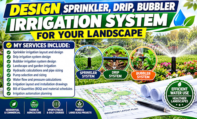 design sprinkler, drip, bubbler irrigation system for your landscape