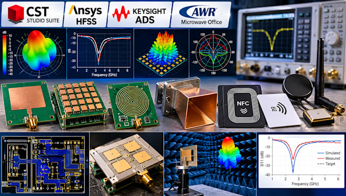 develop rf, array, microwave antenna, nfc rfid hardware using cst, hfss, ads awr