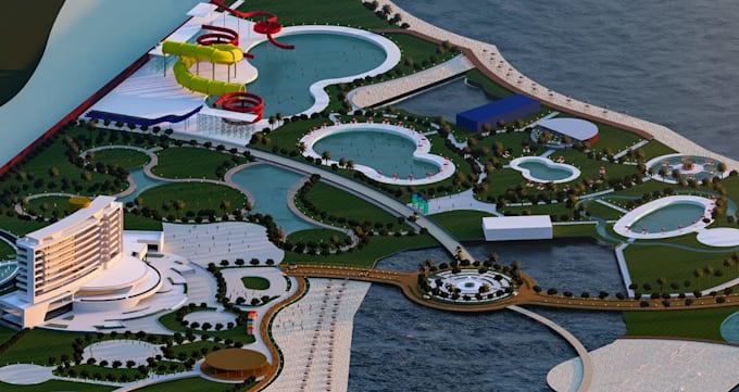 visualize3d resort modeling,water slide architecture,master plan in revit render