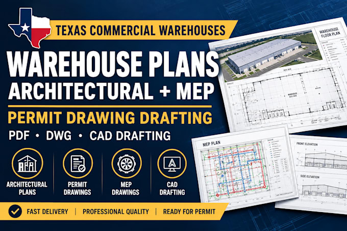 draft texas commercial warehouse architectural plans, permit drawings mep plans