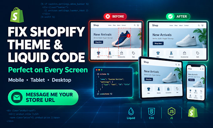 fix shopify customization theme liquid code layout css javascript issues expert