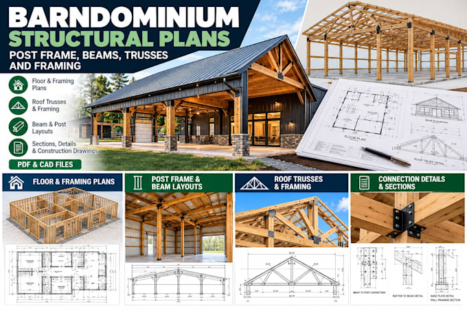 design barndominium structural plans, post frame, beams, trusses and framing