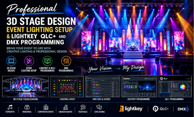 create 3d stage design,event lighting setup and lightkey qlc and dmx programming