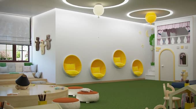 design realistic 3d interior renders, kindergartens, interactive vertical spaces