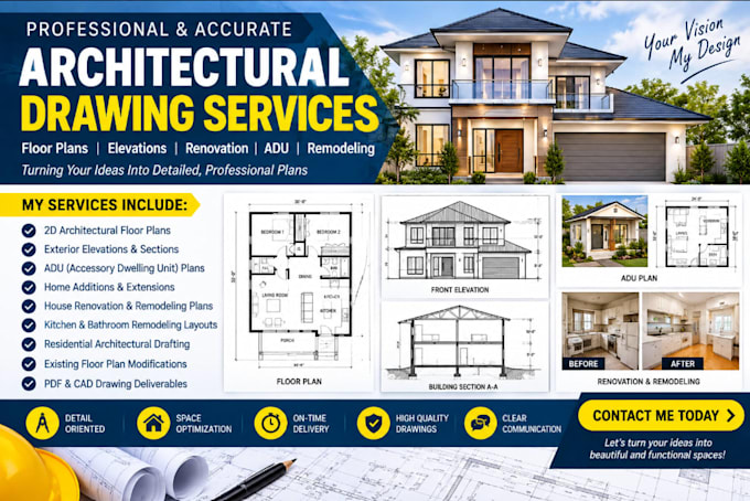 do architectural drawing, floor plans elevation renovation adu and remodeling