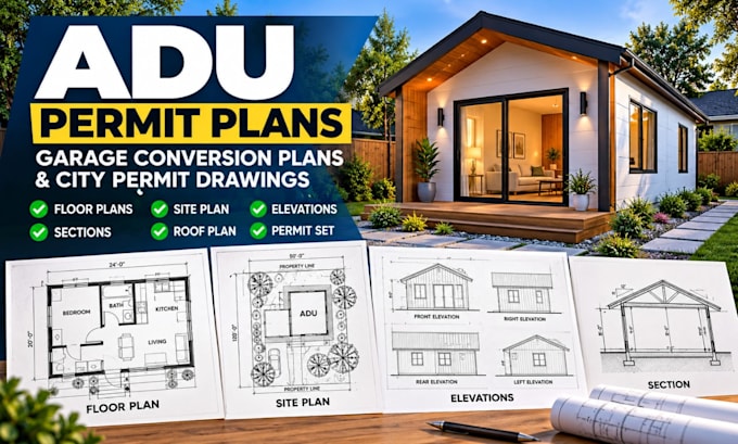 draw adu permit plans, garage conversion and city permit drawings