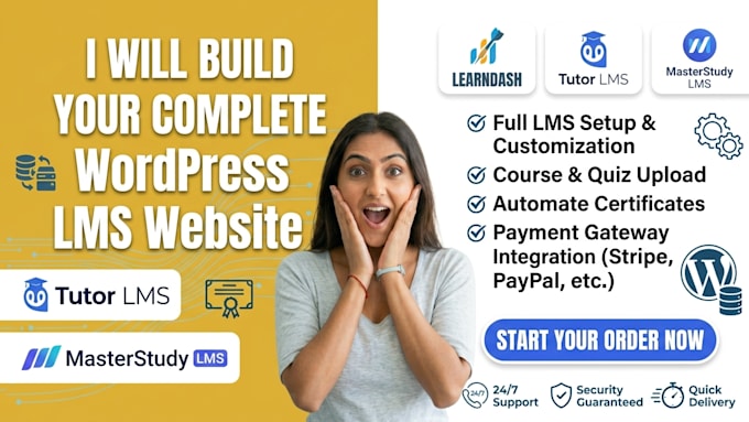 set up wordpress lms website using learndash, tutor lms, or masterstudy