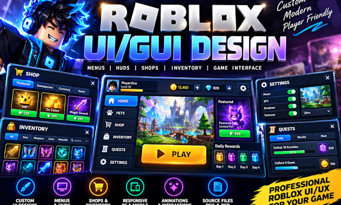 design roblox UI gui hud menu shop and game interface