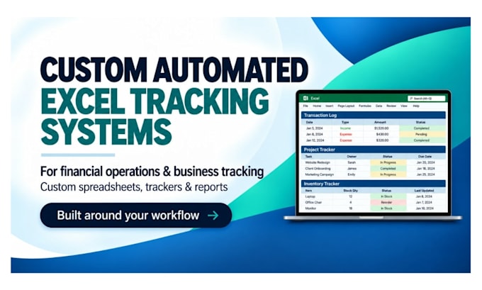 build automated excel trackers for income, expenses, sales and inventory