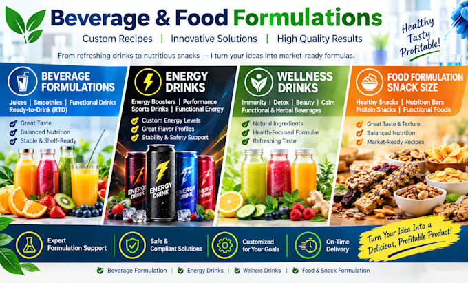 do beverage formulations, energy drinks, wellness drinks, food formulation snack