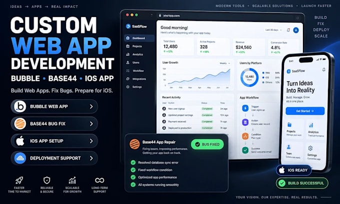 develop custom bubble web app, base44 app, fix base44 app, build base44 web app