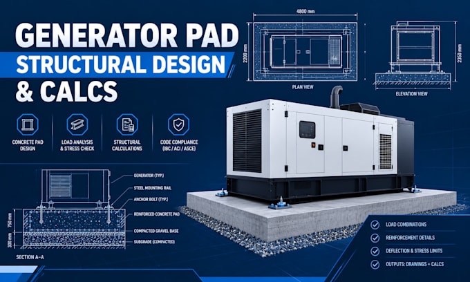 design concrete generator pad structural calculations and cad drawings