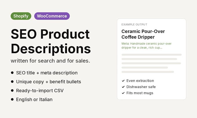 write SEO shopify product descriptions and woocommerce product copy