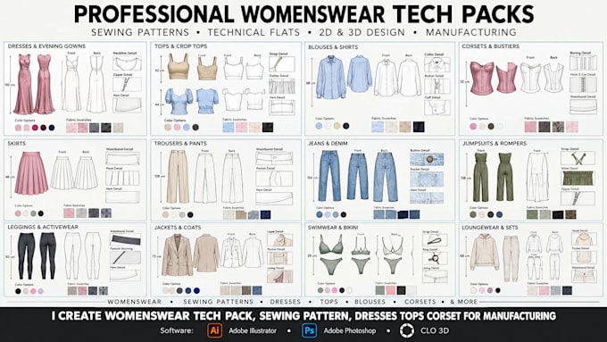 create womenswear tech pack, sewing pattern, dresses tops corset for manufacture