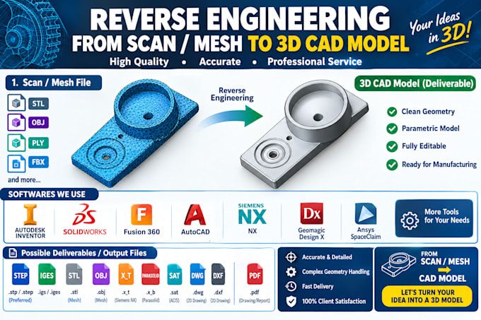 do reverse engineering from 3d scan to cad solid model, stp
