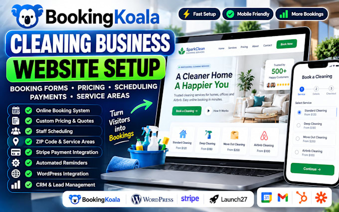 setup bookingkoala cleaning business website, booking forms and pricing stripe