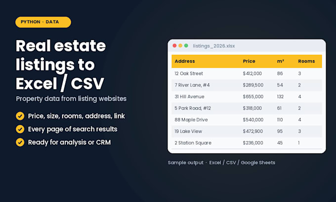 scrape real estate listings and property data to excel
