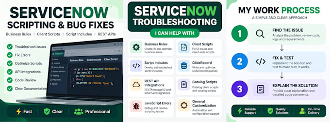 fix and debug servicenow scripts and business rules