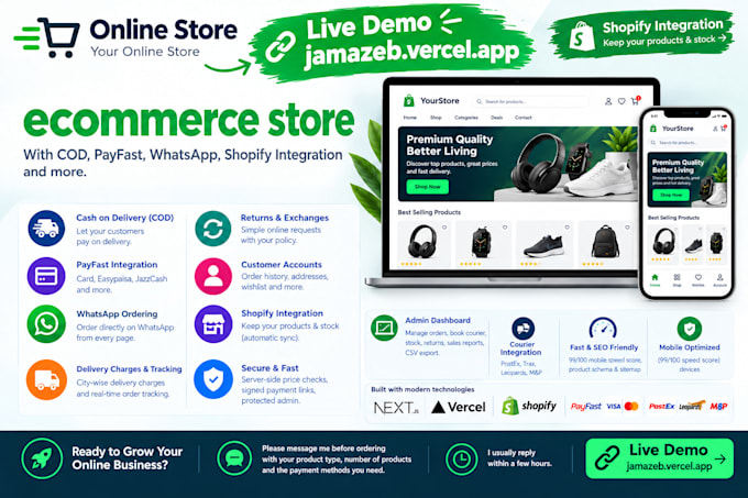 build a fast ecommerce store with cod, payment gateway and whatsapp