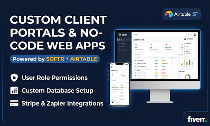 build airtable database, softr client portal, nocode web app