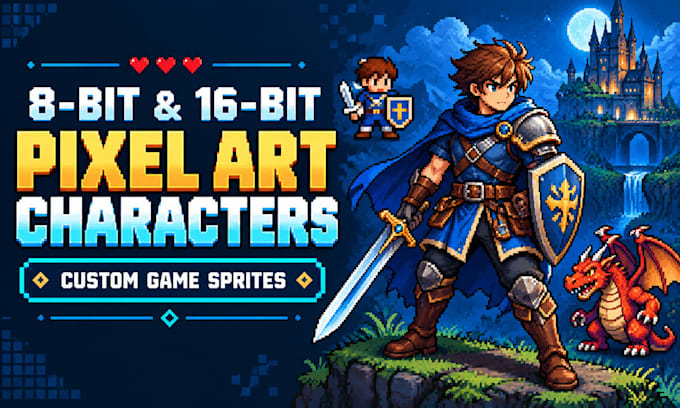 create 8bit and 16bit pixel art characters and game sprite designs