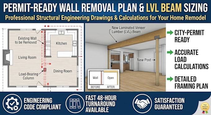 create permit ready load bearing wall removal plans and lvl beam sizing