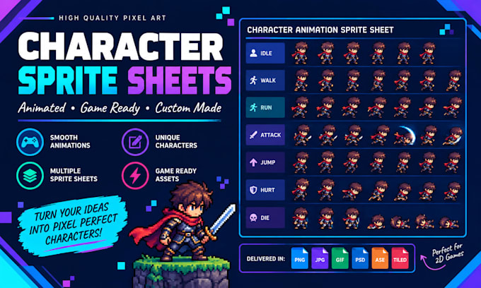 design a pixel art character sprite sheet with animations