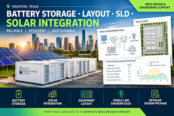 design bess sizing, layouts, sld and solar integration for houston, tx