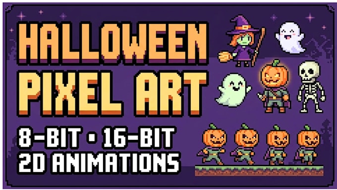 design halloween 8 bit 16 bit 2d pixel art character sprite sheet, animations