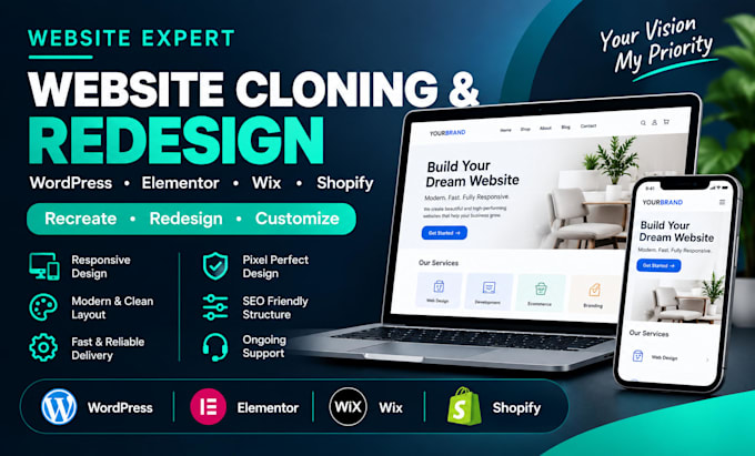 clone, duplicate, redesign, or recreate your wordpress, wix, or shopify website