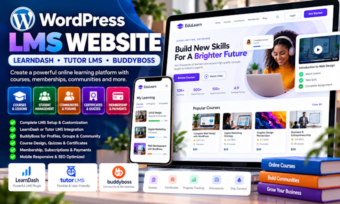 build wordpress lms website using learndash or tutor lms, buddyboss
