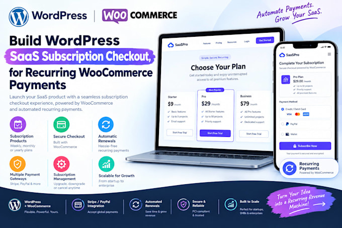 build wordpress saas subscription checkout, for recurring woocommerce payments