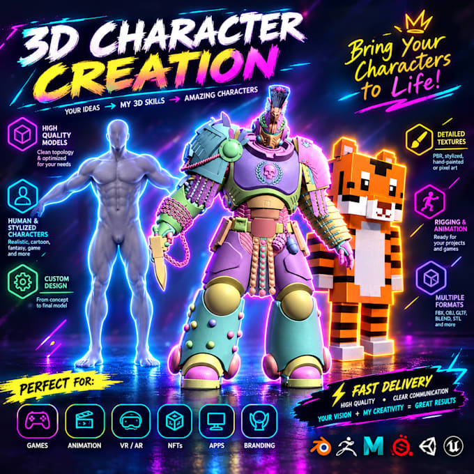 create 3d characters, rigs and animations