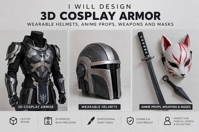 3d cosplay armor, wearable helmets, anime props, weapons and masks