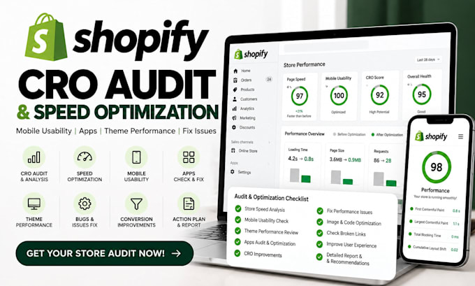 do shopify cro audit speed, mobile usability, apps and theme performance issues