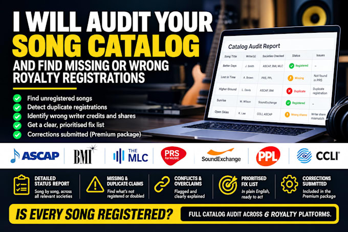 audit your song catalog and find missing or wrong royalty registrations