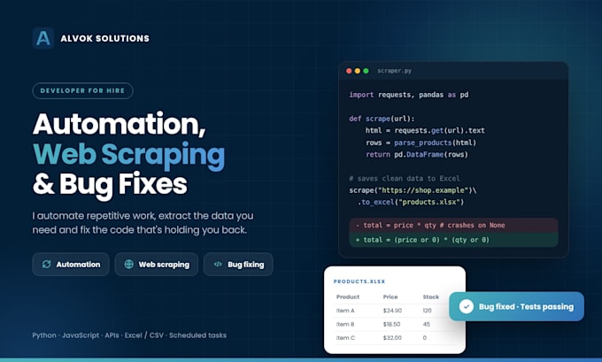 write custom python scripts for automation, web scraping, or bug fixes