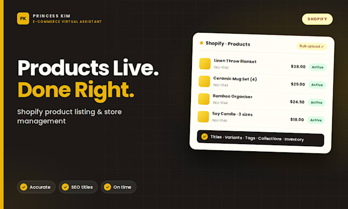 do shopify product listing, bulk upload and store management