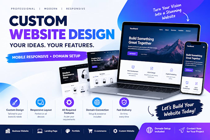 create a custom website with all required features and domain setup