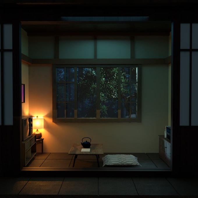 create a cozy japanese interior 3d environment for games