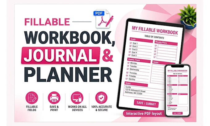 design interactive fillable PDF workbooks, journals, and planners